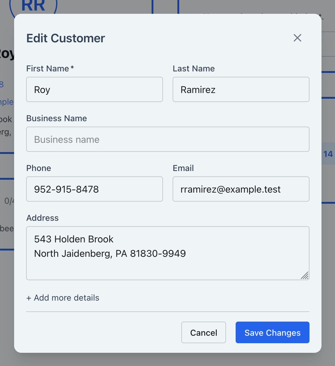 Edit Customer form populated with Roy Ramirez details and the Save Changes button