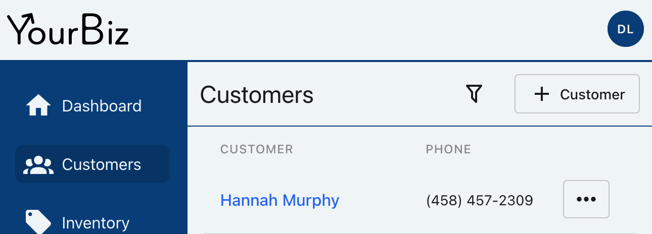YourBiz Customers page with the Add Customer button visible