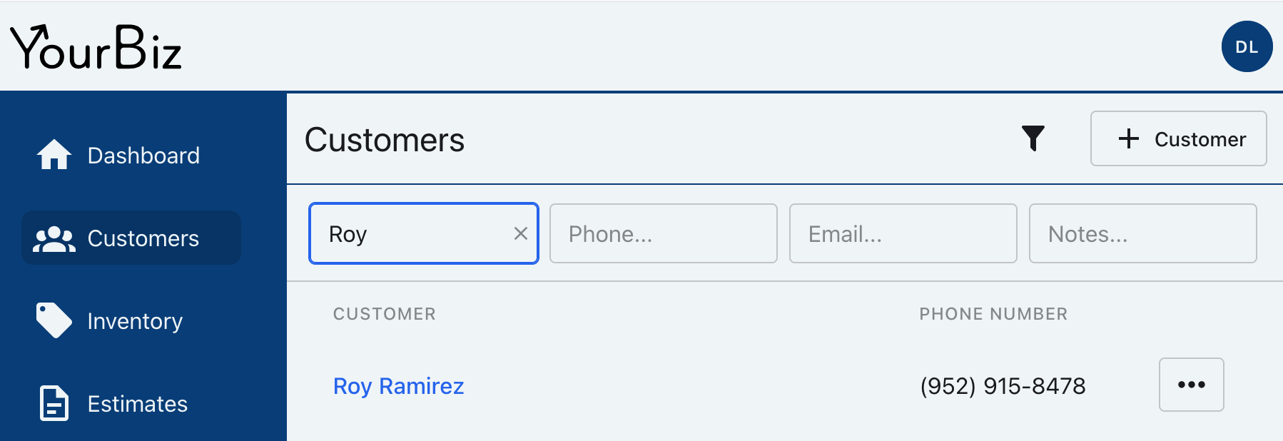 YourBiz Customers page filtered to the customer Roy Ramirez
