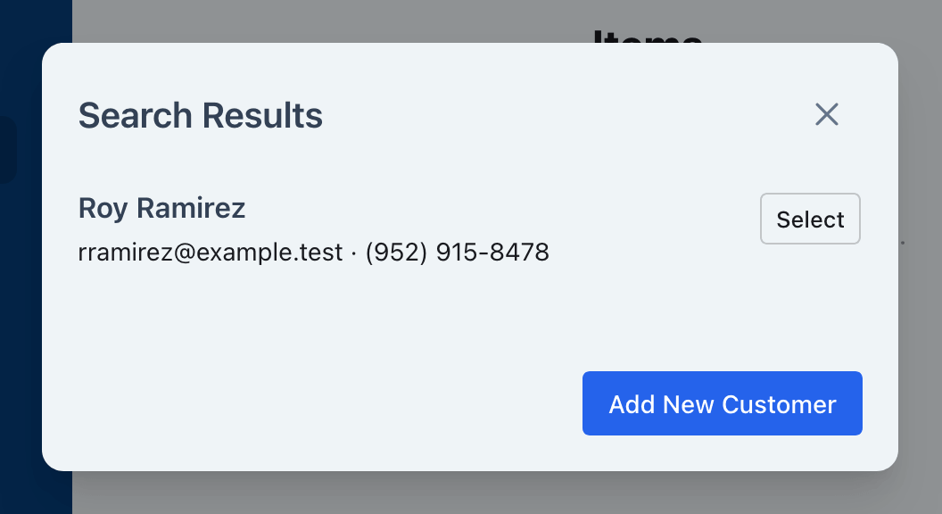 Customer search results with options to select a customer or add a new one