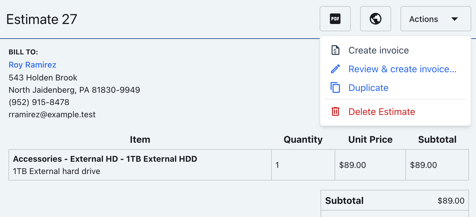 Estimate Actions menu with Delete Estimate visible