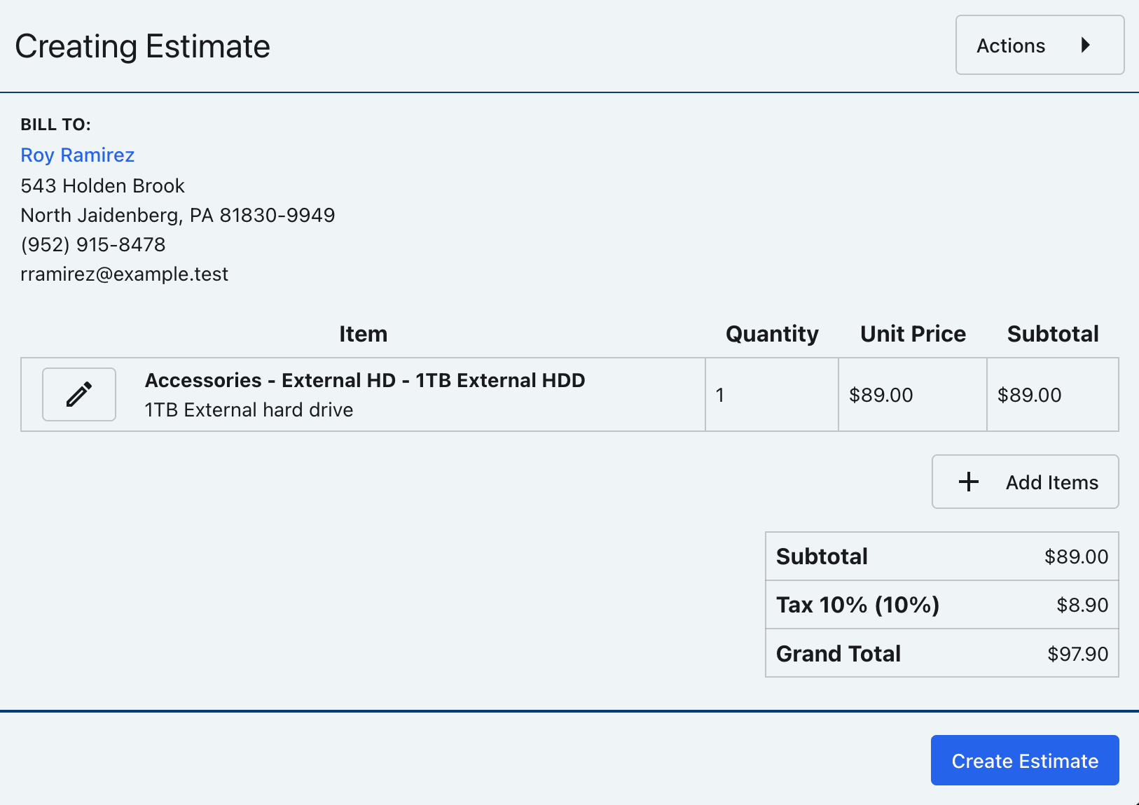 Completed estimate details with the Create Estimate button