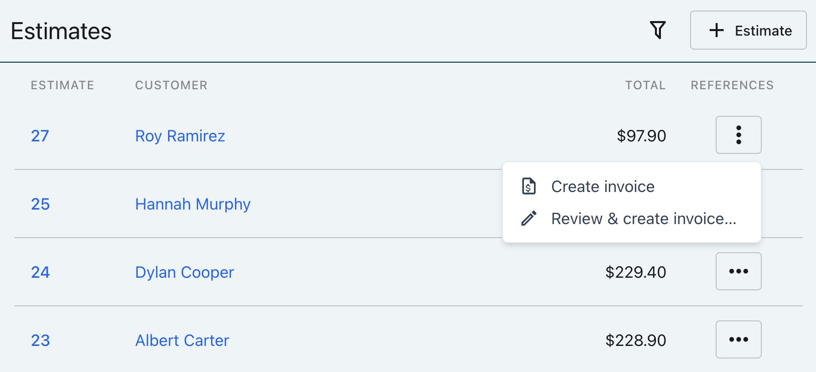 Invoice actions menu with Create invoice and Review & create invoice options