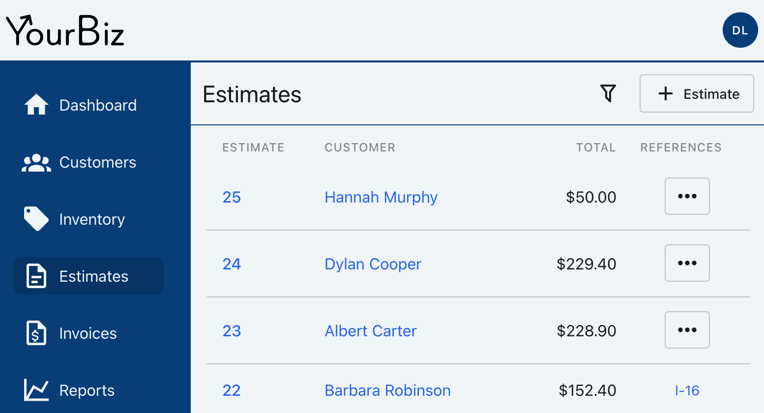 Estimates page with the Estimate button in the page header