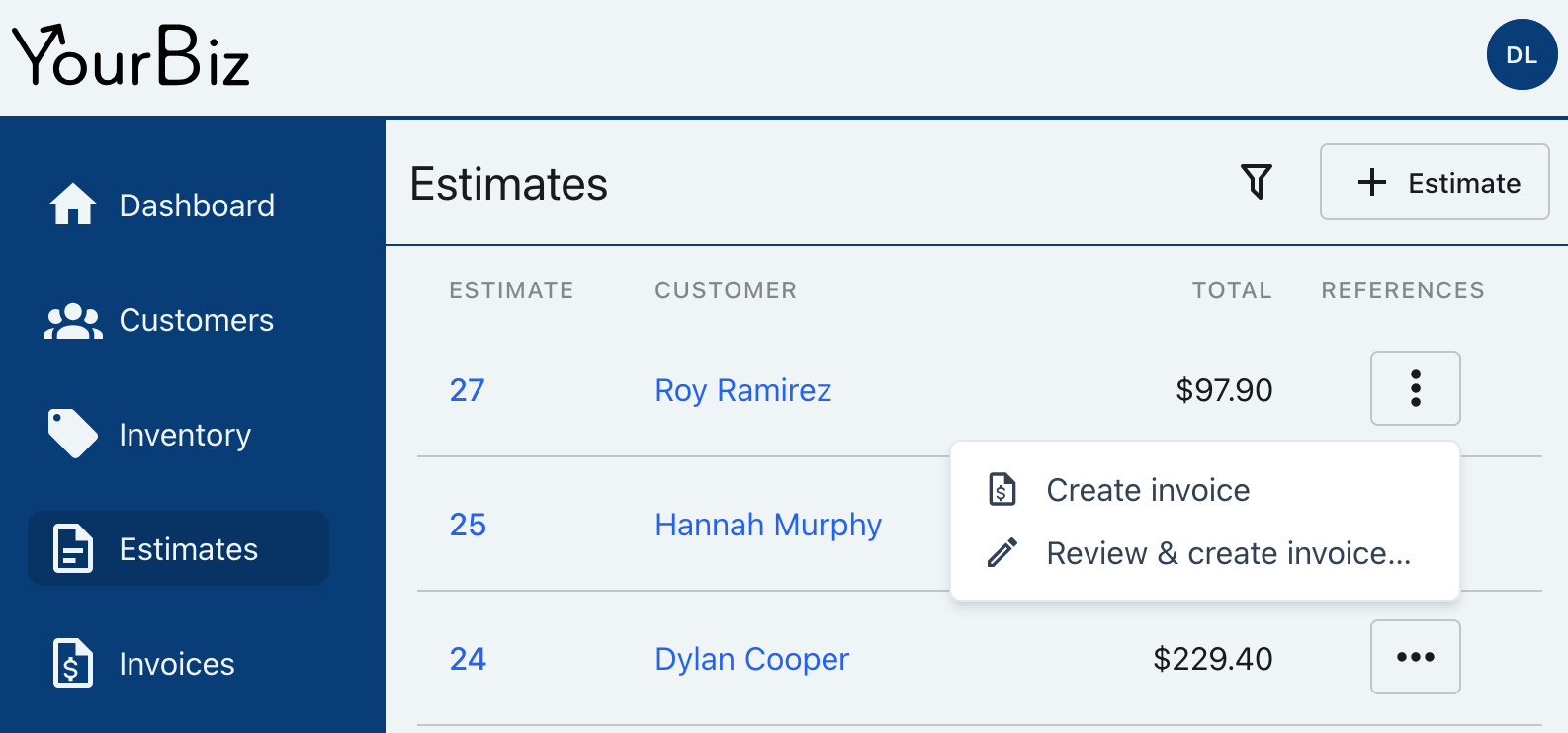 Estimate list with the References menu open