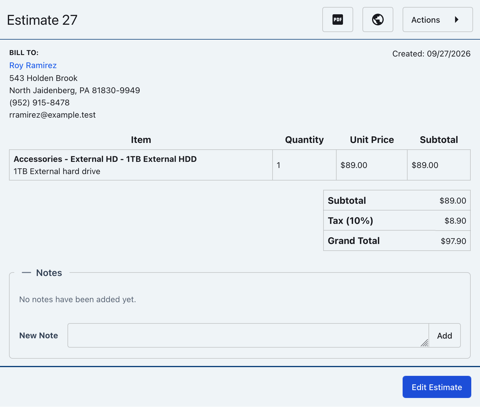 Estimate details page with the Edit Estimate control visible
