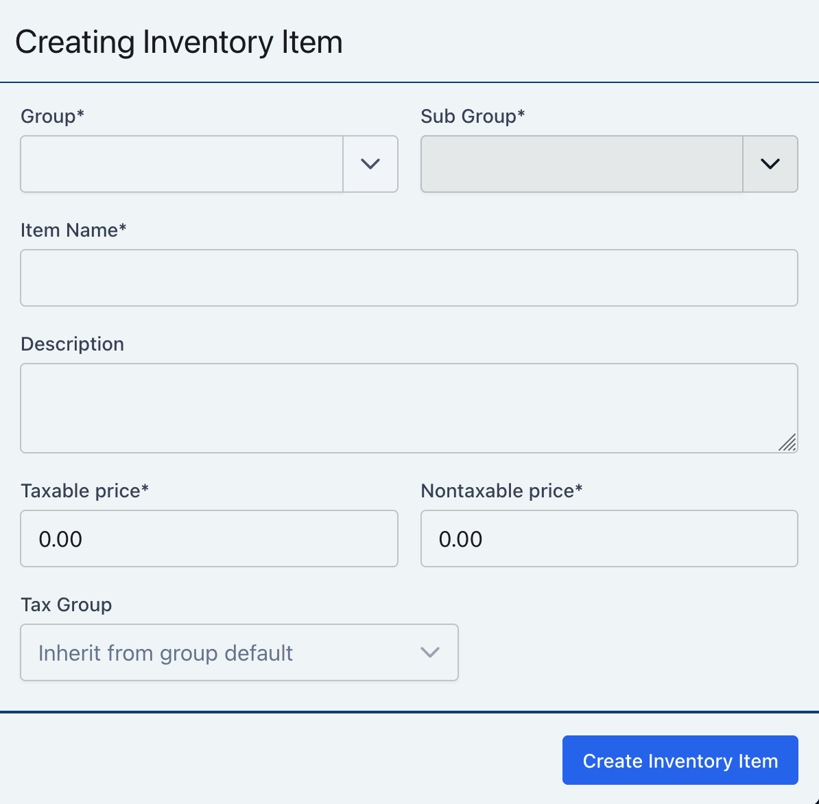 Create Inventory Item form with item fields and the Create Inventory Item button