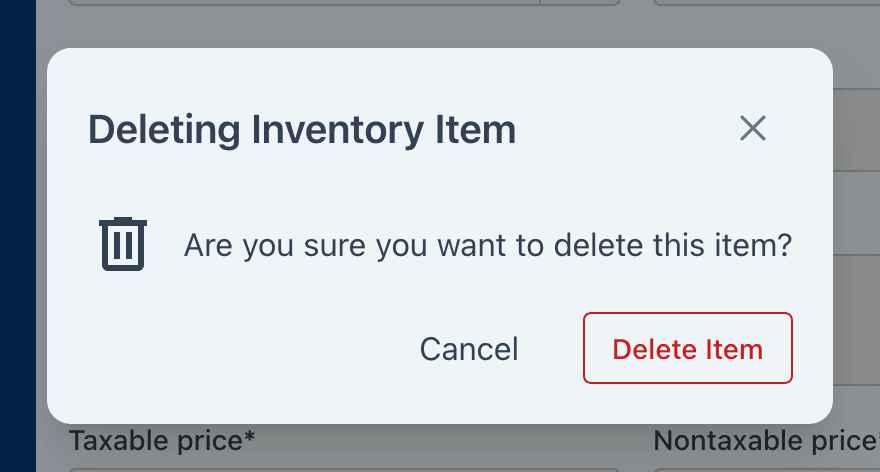 Inventory deletion confirmation dialog