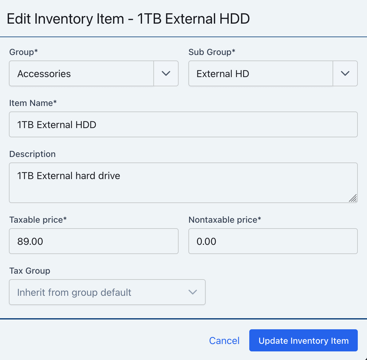 Edit Inventory Item form with the Update Inventory Item button visible