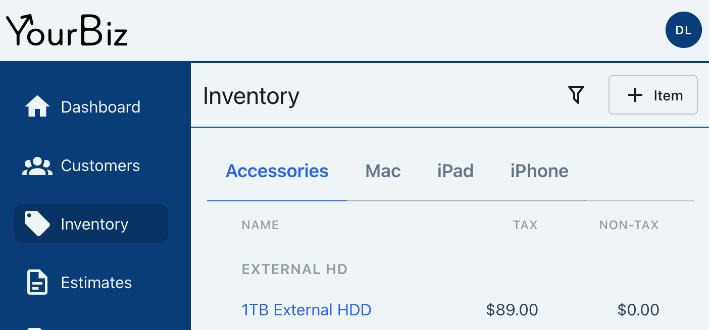 YourBiz Inventory page with the Item button visible