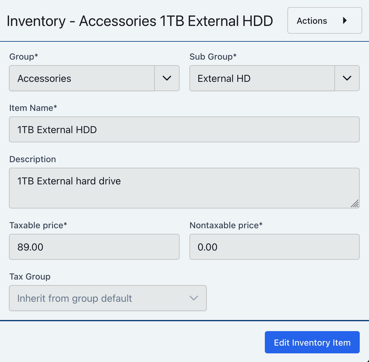 Inventory item record with the Edit Inventory Item button visible