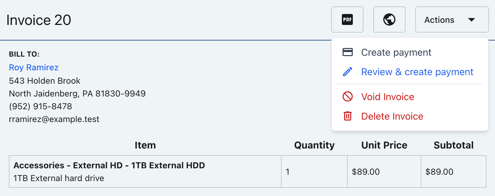 Invoice Actions menu with Delete Invoice and Void Invoice visible