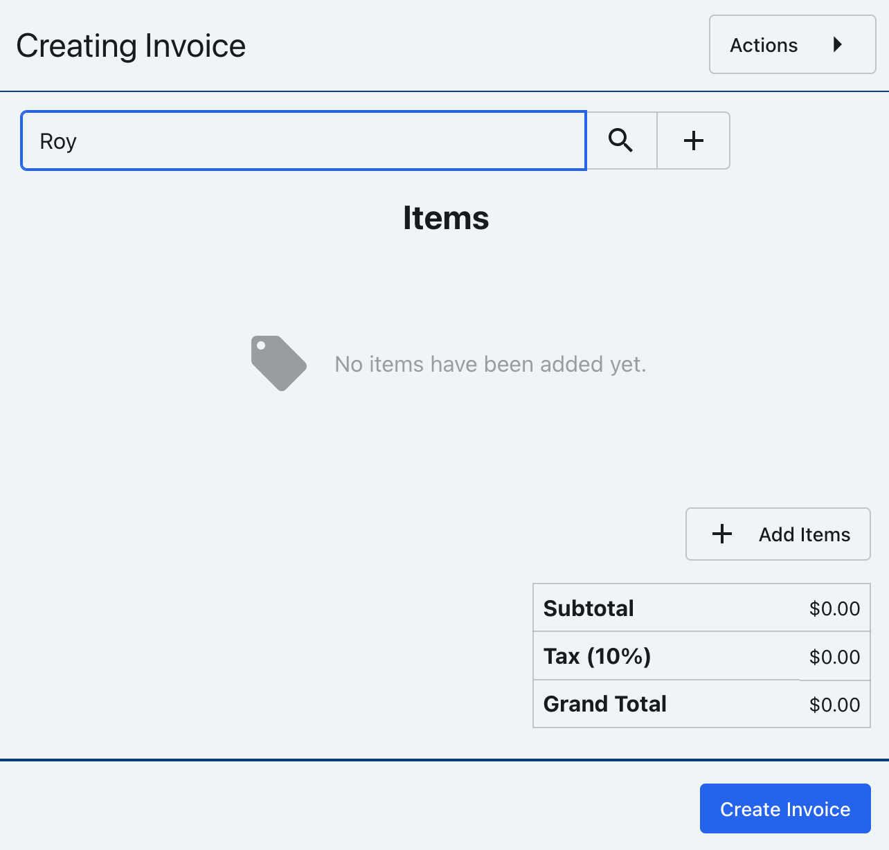 New invoice form with a customer search field and invoice details
