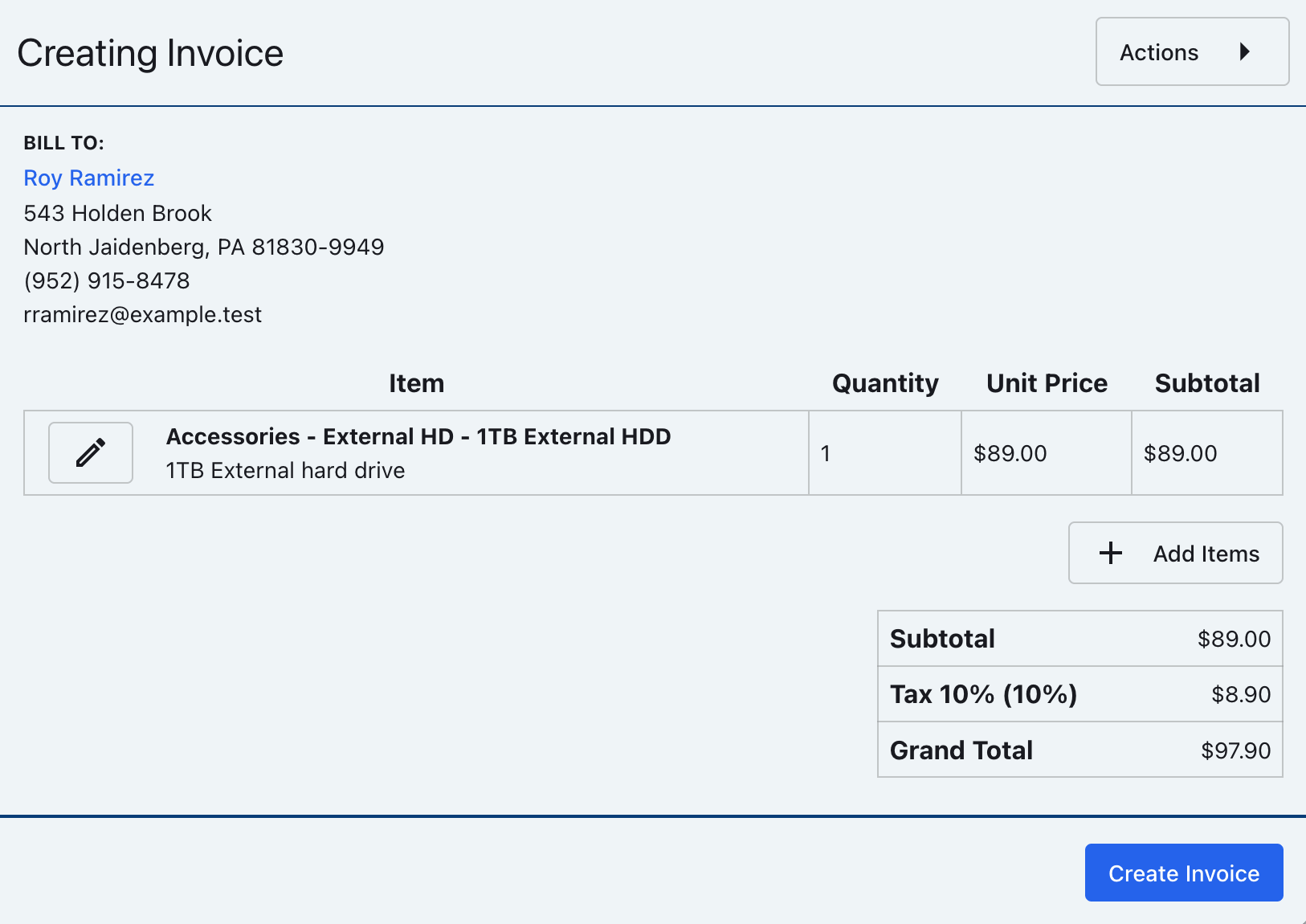 Completed invoice details with the Create Invoice button