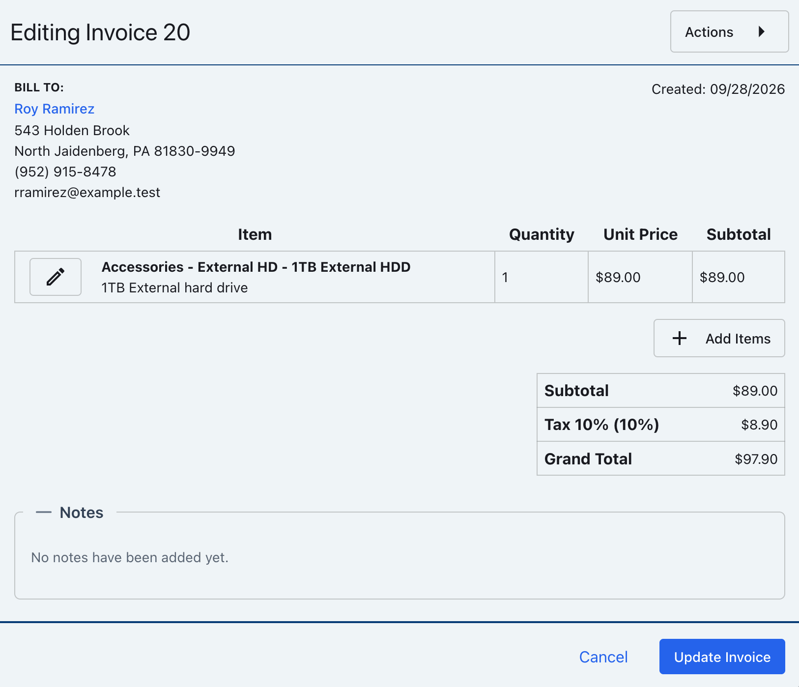 Invoice edit form with the Update Invoice button visible