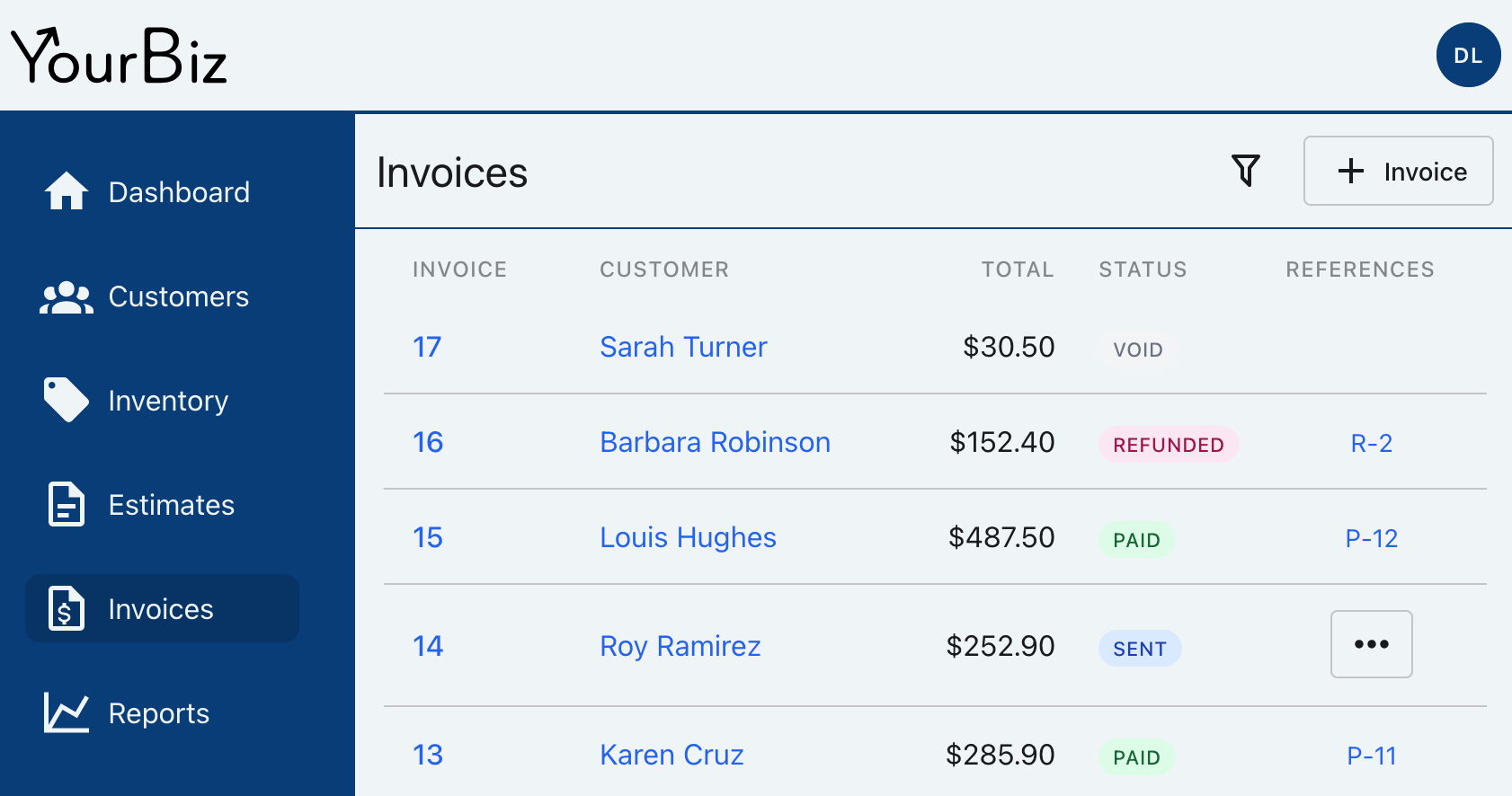 Invoices list with payment references visible