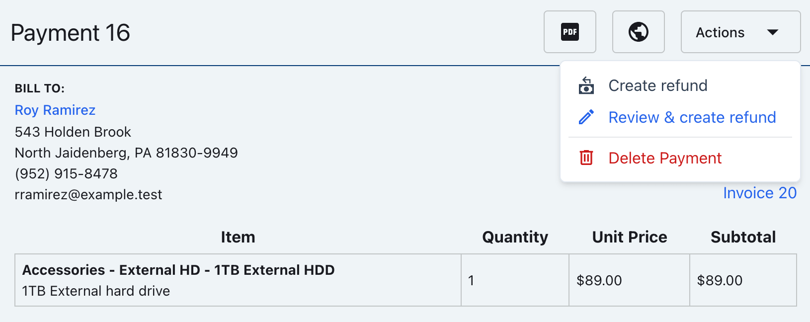 Payment Actions menu with Create refund and Review & create refund visible