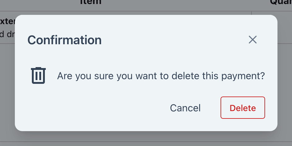Delete Payment confirmation dialog