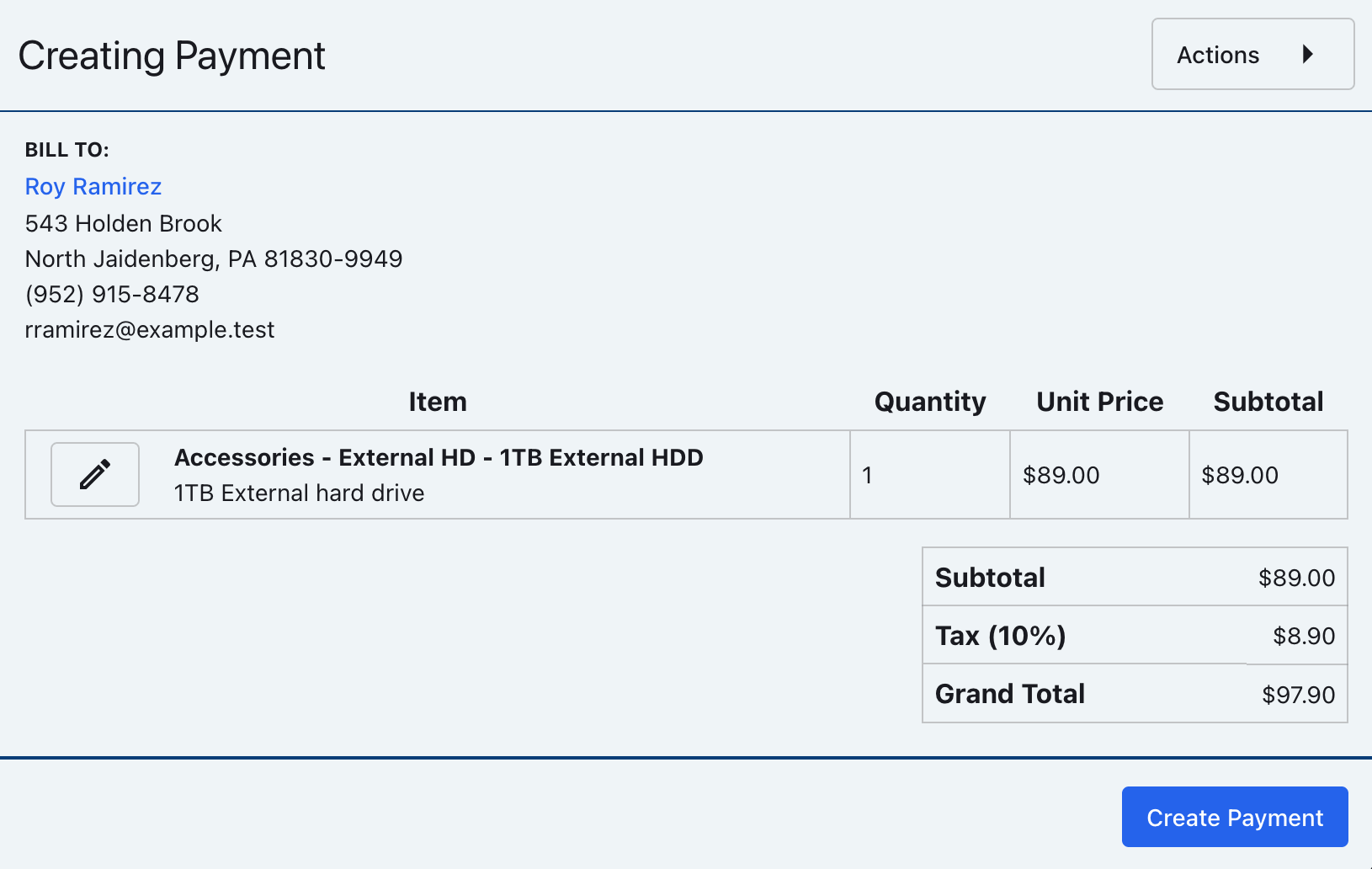 Payment creation form with line items and the Create Payment button