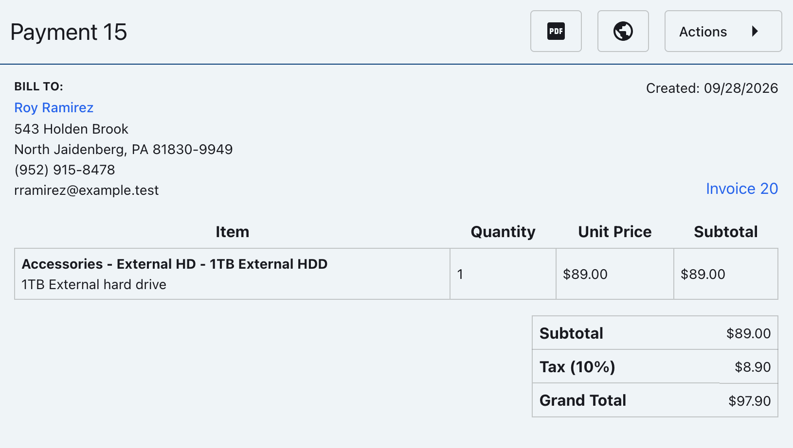 Payment details page with invoice and customer details