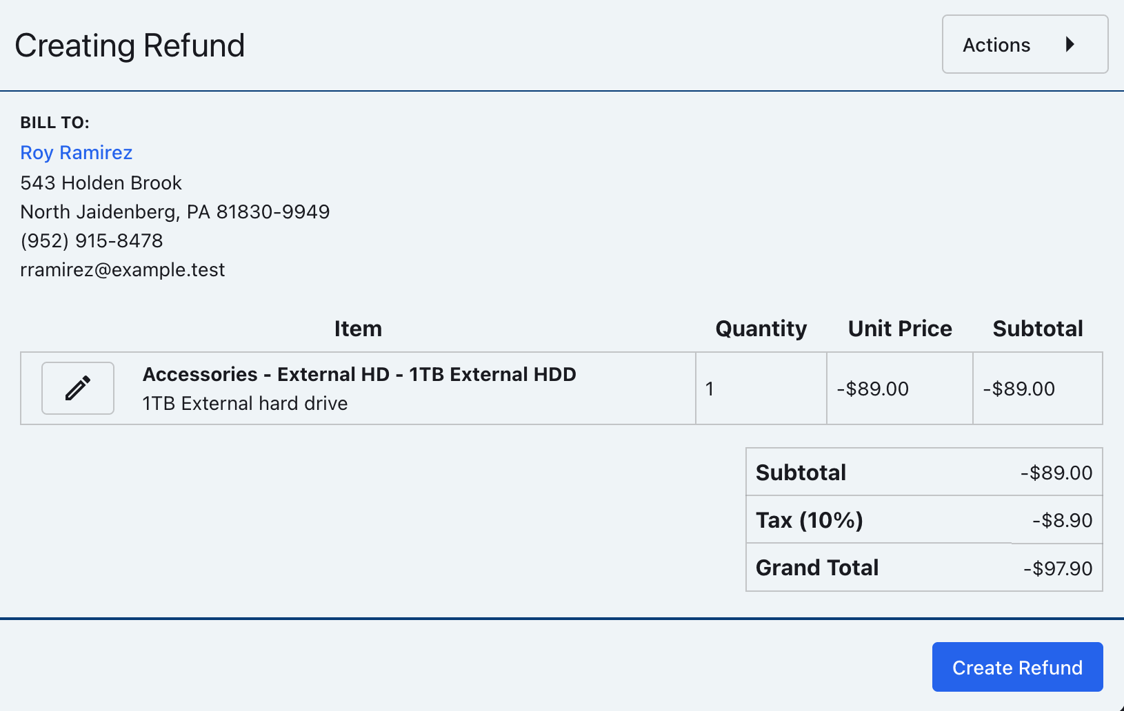 Refund creation form with line items and the Create Refund button