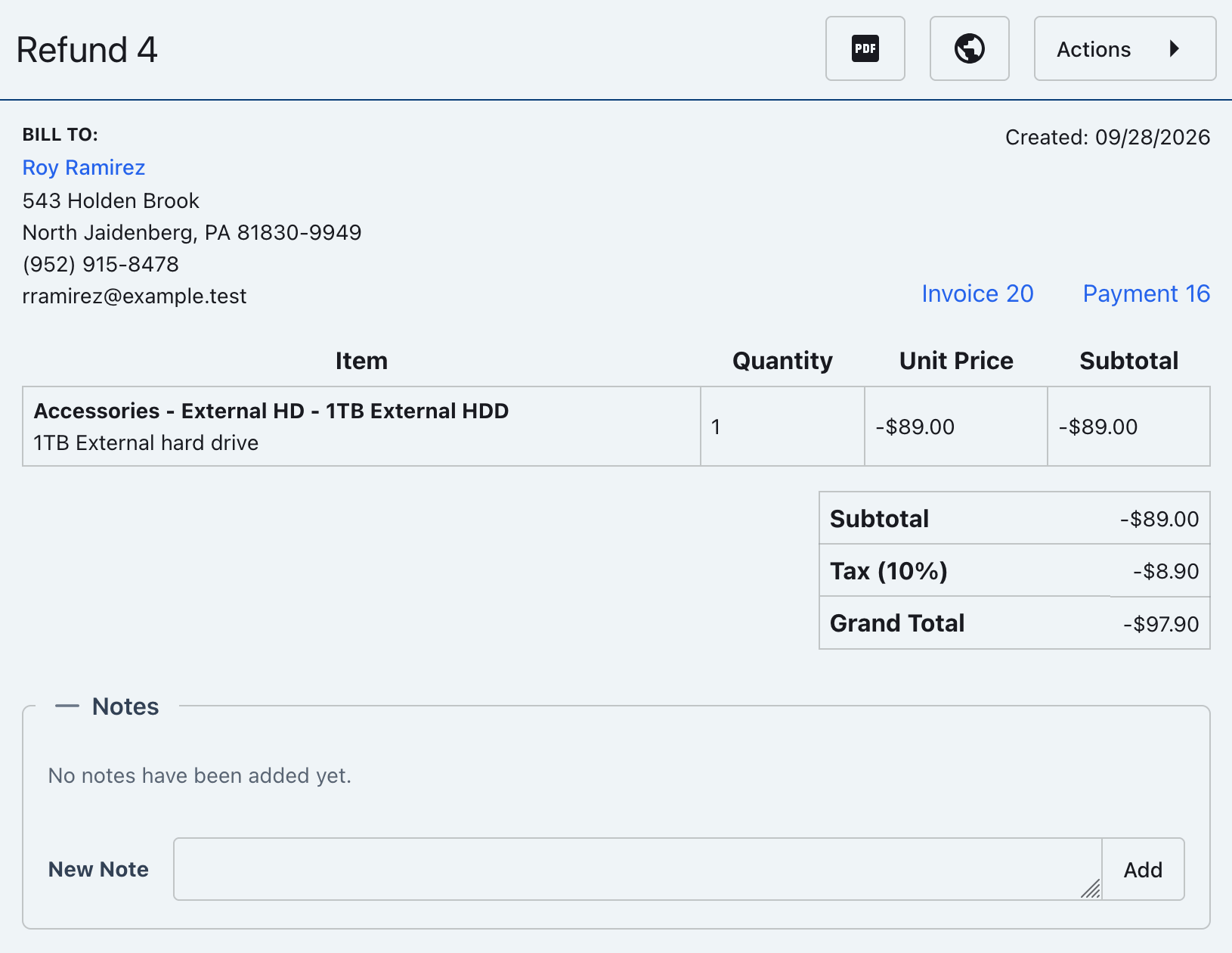 Refund details page with payment and invoice references